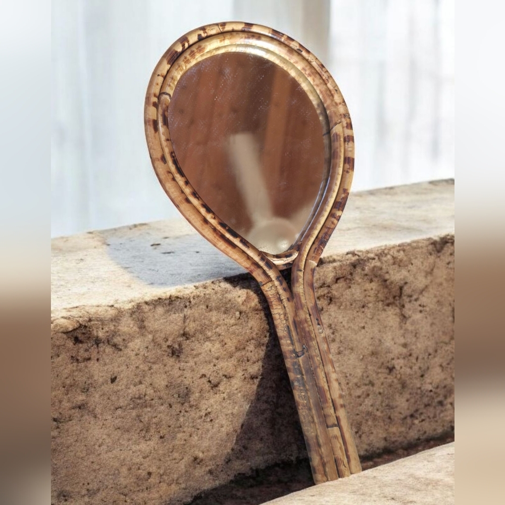Vintage Bamboo Rattan Hand Mirror MCM Vanity Pin Up Retro Traditional